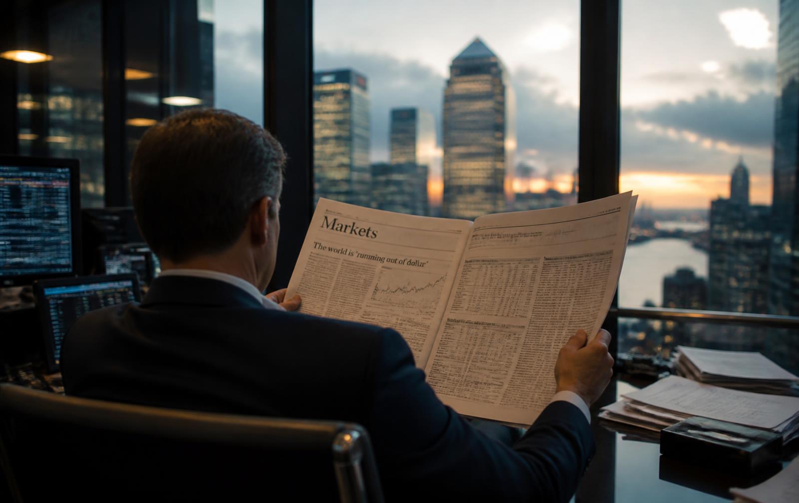 Profissional lendo o caderno de mercados diante da vista de um centro financeiro ao entardecer