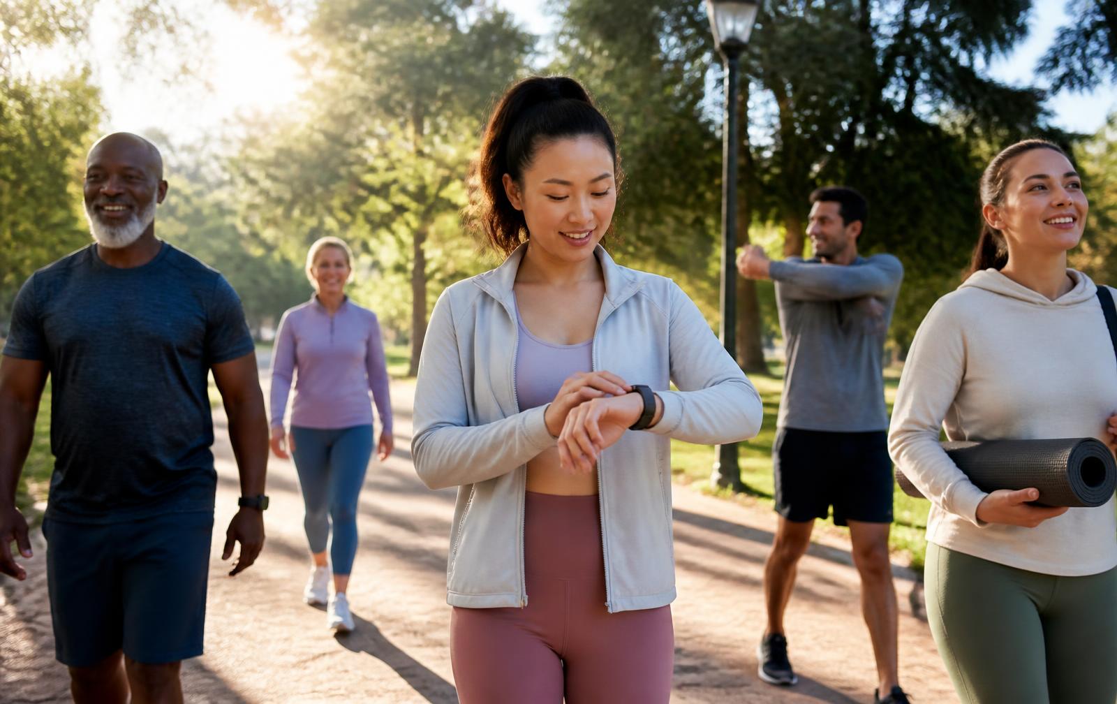 Pessoas de idades diferentes caminhando e se alongando em um parque pela manhã